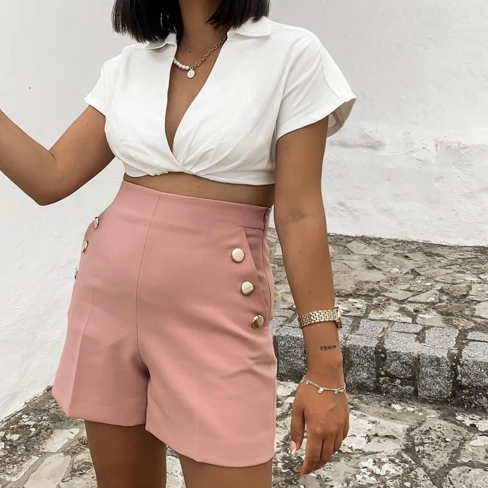 Zara Pink High-Waist Button Detail Shorts